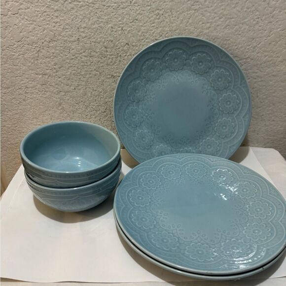 Gibson Elite Alemany 3 Piece Dinner Plate & 2,Salad bowls Dinnerware  Set, Aqua - Picture 2 of 9